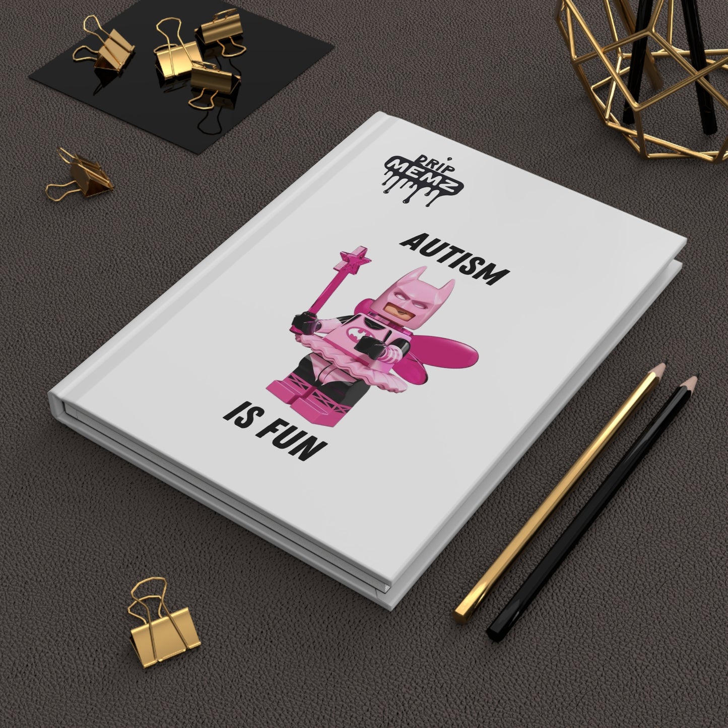 Hardcover Journal — "Autism Is Fun" Pink Superhero Figure Notebook